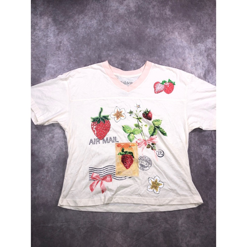 Golden Hour Strawberry Air Mail Graphic V-Neck T-Shirt Cream Pink XS